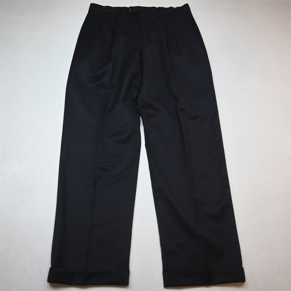 Vtg Ralph Lauren Blue Label 33x32 Navy Blue 100% Wool Pleated Cuffed Baggy Pants